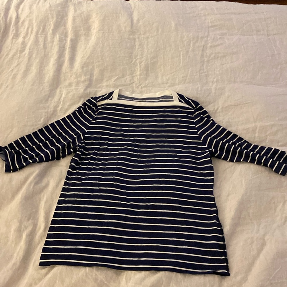 Lands End rash guard navy and white stripe boat neck L